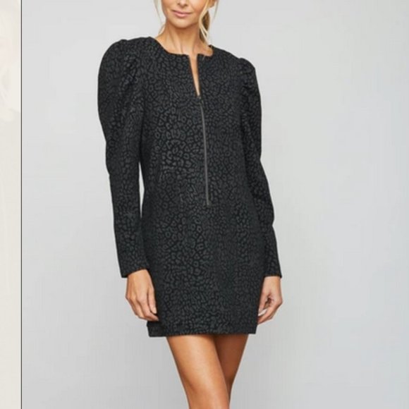 Sundays Iva French Terry Zip Front Puff Sleeve Mini Dress in Black Cheetah Print - Picture 1 of 8